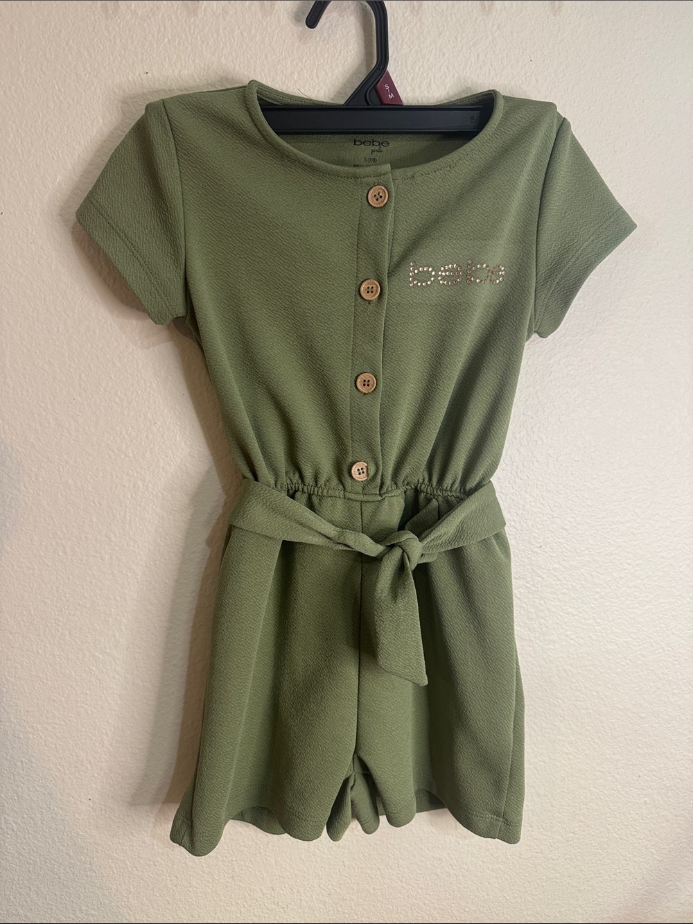 bebe Olive Green Button-Front Tie-Waist Romper